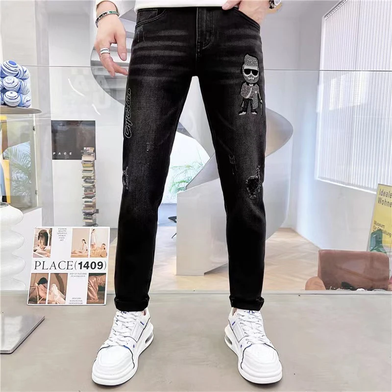 Men's Tight Black Jeans 2023 New Trend Design Man Pants Diamond Embroidery Fashion Brand Male Elastic Slim Fit Leggings Trousers