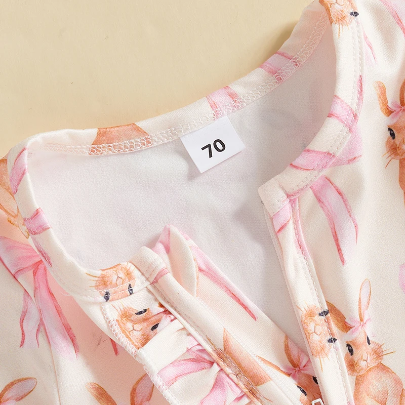 Baby Girl Footie Bodysuits Bunny Bow Print Ruffled Zip Up Long Sleeve Fall Romper Headband Easter Outfits