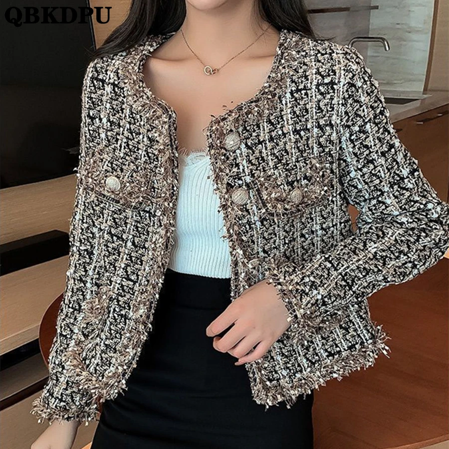 

Korean Slim Plaid Cropped Tweed Jackets Elegant Luxury Women Vintage Coat Fashion Outwear Streetwear Chaquetas Spring Abrigo New