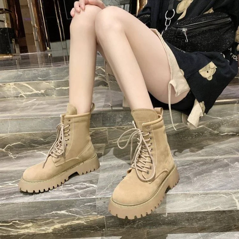 

2022 Women Pu Leather Motorcycle Boots Round Toe Lace Up Shoes Thick Med Heel Ladies Ankle Boots Autumn Winter Botas De Mujer