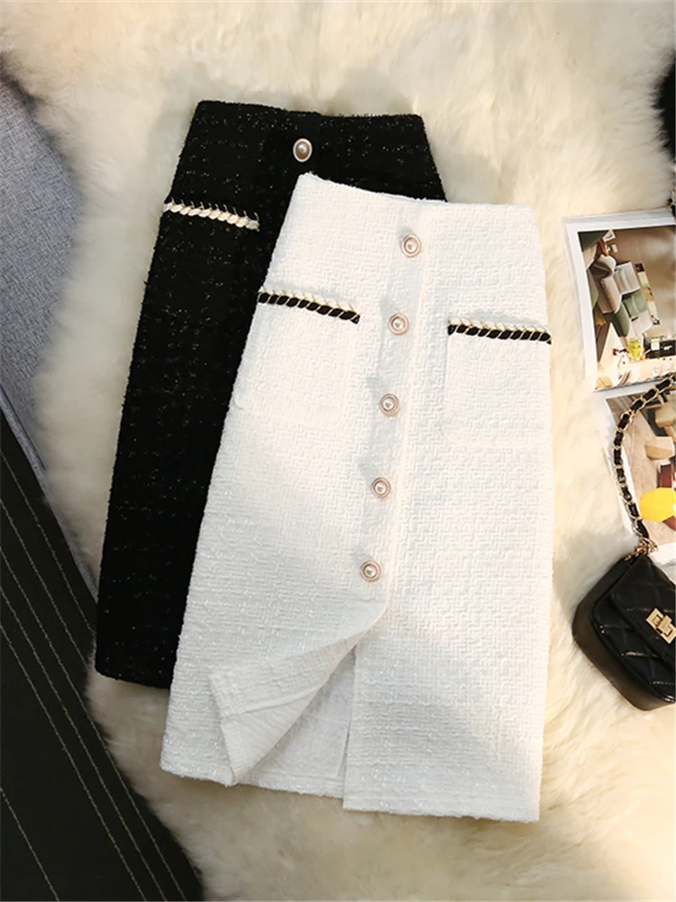 

Elegant Woolen Women's Wrap Skirts 2022 New High Waist Single Breasted Knitwear Sheath Lady Pencil Skirts Female Autumn Winter