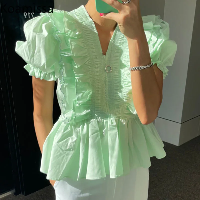 

Koamissa Ruffled Sweet Women Blouse V Neck Pleated Solid Shirt Summer 2022 Fashion Office Lady Chic Blusas Outer Wear Tops