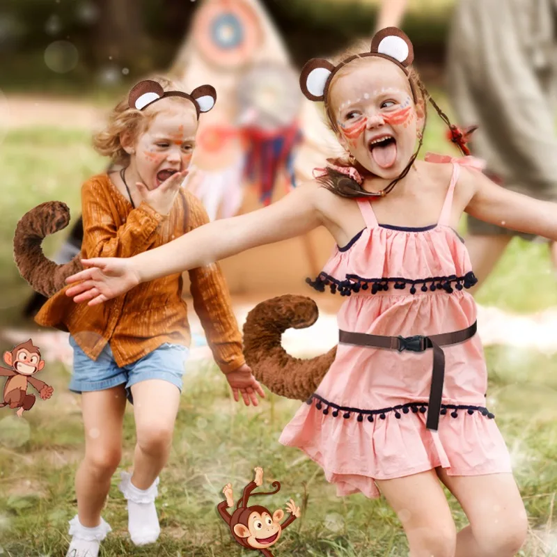 Monkey Ear Headwear Tail Set Cute Animal Decorative Prop Accessories Boy Girl Party Holiday Dress Up Carnival Stage Show Suits