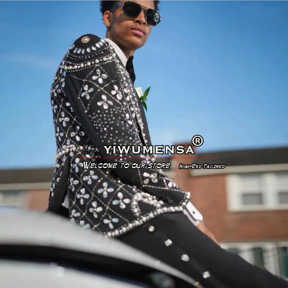 Exquisite Diamond Beaded Suits Men Single Breasted Prom Blazers Customized 2 Pieces Groom Wear Wedding Tuxedos terno masculino 5