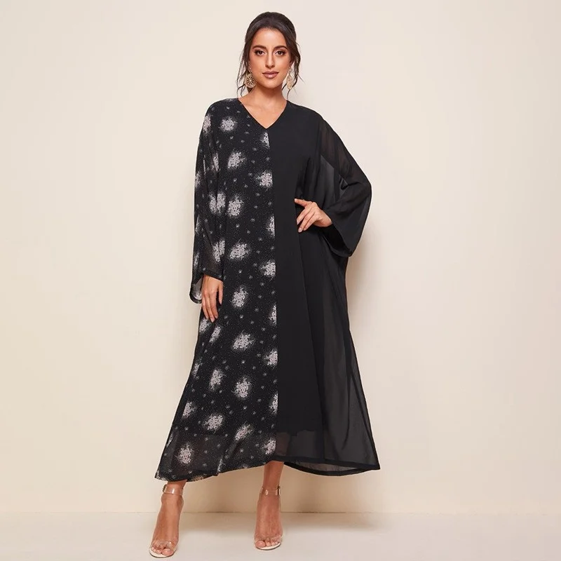 

European and American Women's 2023 Fashion Print V-neck Flare Sleeve Long Sleeve Panel Large Swing Dress Robe