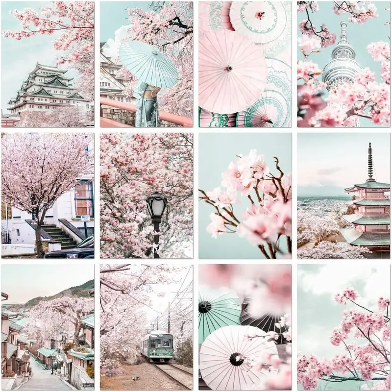 Diamond Painting Mosaic Wall Decor CHENISTORY Diamond Embroidery 5d Set Cherry Blossom Scenery In Japan