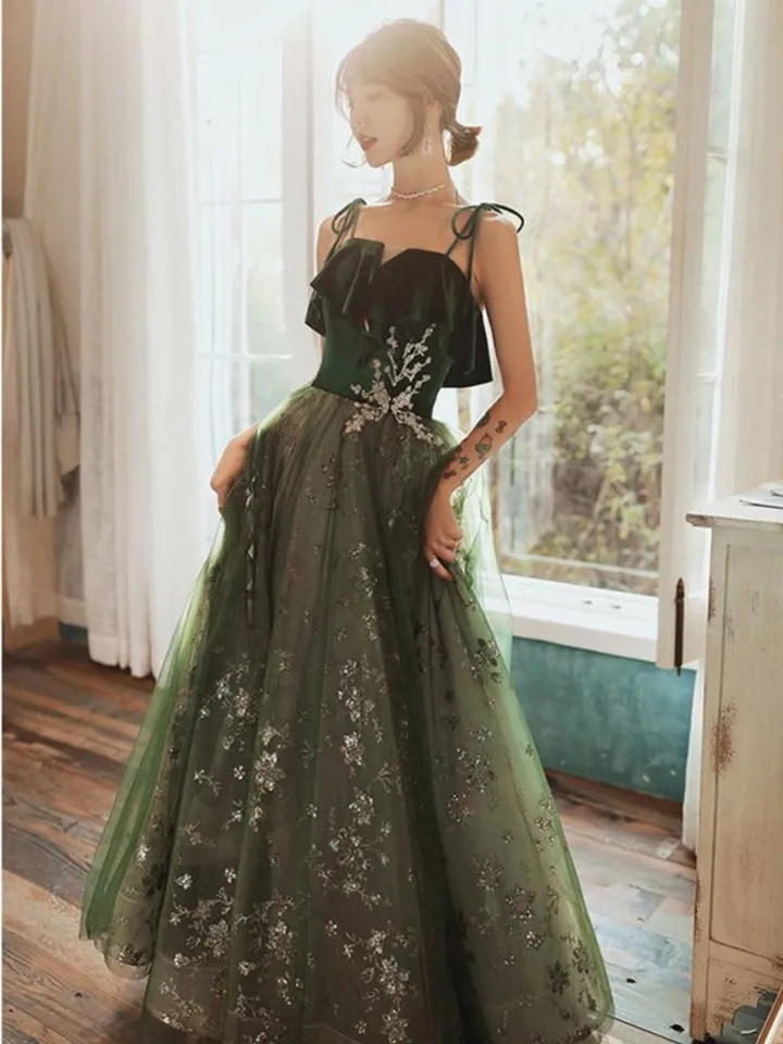 Forest Green Tulle Prom Dress Olive Green Prom Dress Aesthetic Sage Green  Silk Dress Green Tulle