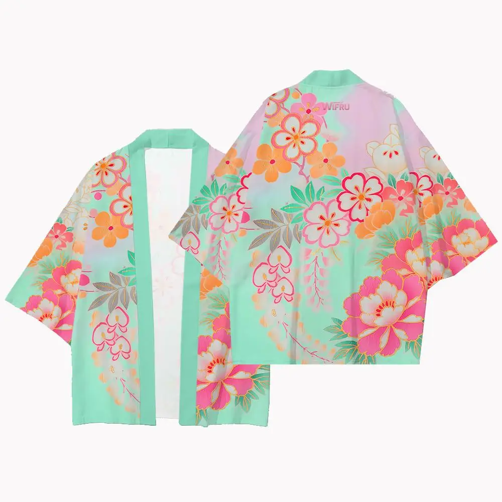 Japanischer Kimono-Cardigan mit Blumenmuster für Damen, Sommer-Street-Style, Harajuku Yukata, WIFRU Haori, lockerer, lässiger Cardigan-Oberteil – Detail 7