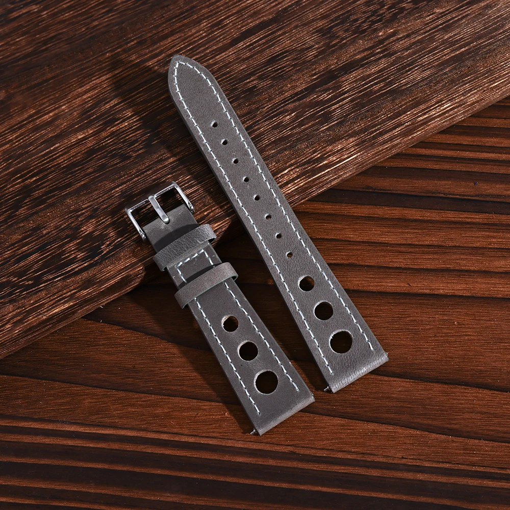 Vintage Leather Perforated Racing Watch Bands - Unisex Cowhide Straps