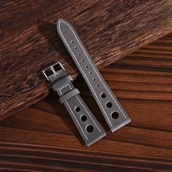 Vintage Leather Perforated Racing Watch Bands - Unisex Cowhide Straps - 22mm (Gray)