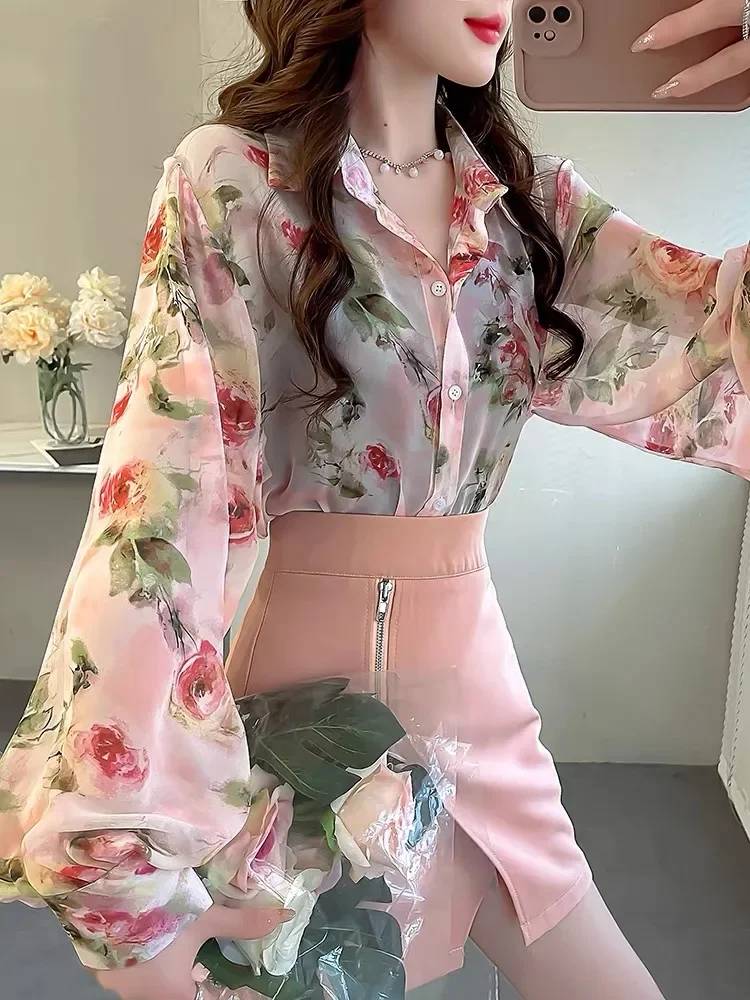 Chiffon Vintage Women's Shirt Summer Prints Blouses Loose Fit Polo-neck Long Sleeve Women Tops Fashion Clothing 2024 Korean