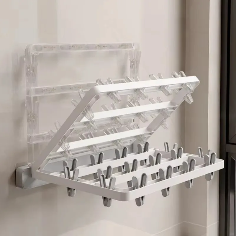 Folding Drying Rack Wall Mounted Clothes Hanger Drying Clip Windproof Sock Clip Multi Functional Towel Hanger Space Saving 3