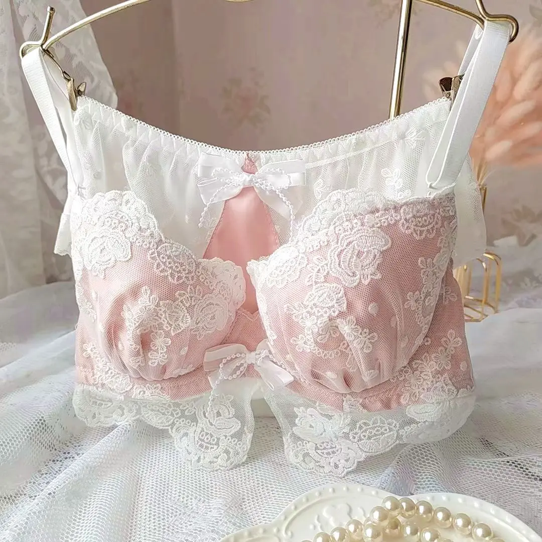 Women Japanese Lace Cute Embroidery Thin Cup Girl Kawayi Students Push Up Sexy Lingerie Bra Set Large Size