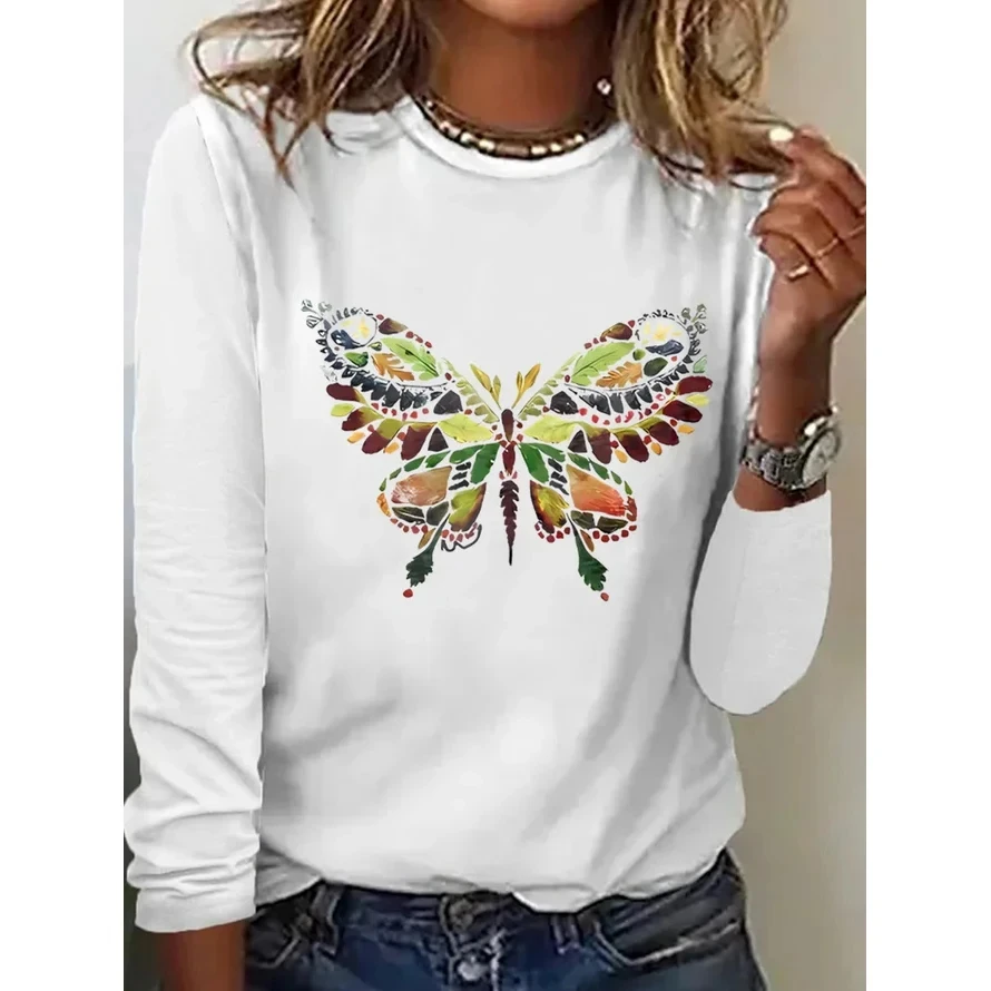 

Women'S Round Neck Long Sleeved T-Shirt, High-Quality T-Shirt, 3d Butterfly Print, Fashionable, Casual, Comfortable And Slim Fit