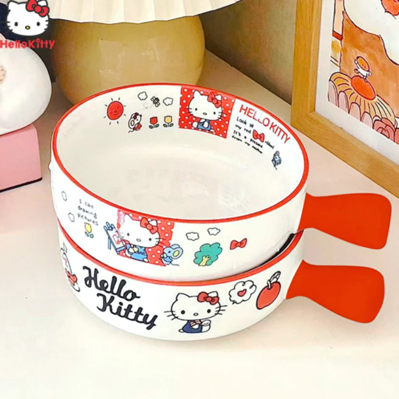 

Sanrio Anime Hello Kitty Porcelain Bowl Food Storage Container Cartoon Ceramic Handle Instant Noodle Bowl Fruit Bowl Tableware