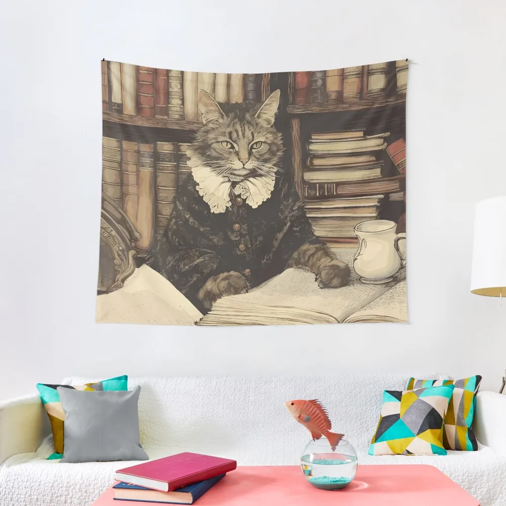 

Librarian Cat Studying - Dark Academia Aesthetic Tapestry Cute Decor Room Decor Decoration For Rooms Tapestry