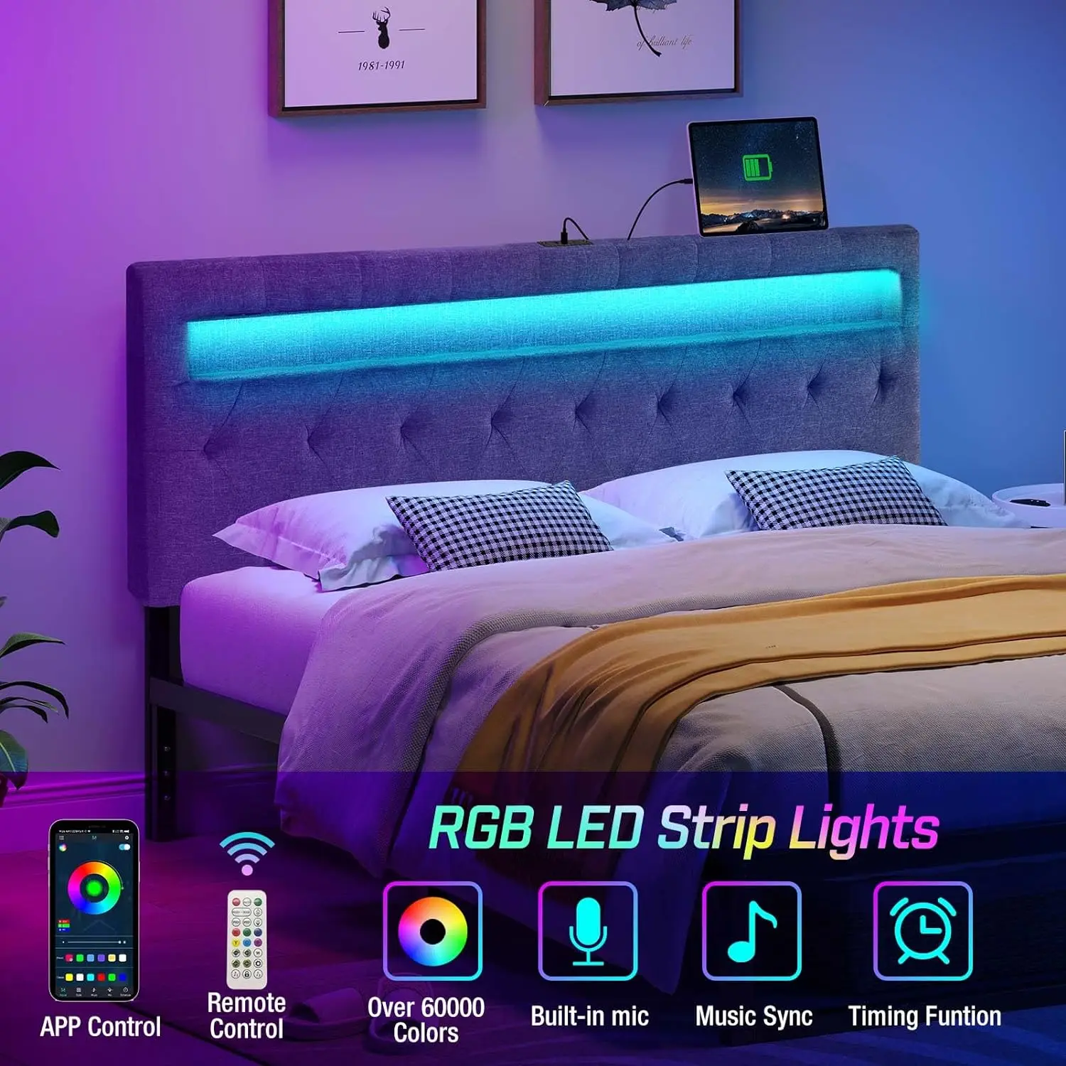Headboard for Twin Size Bed with 60000 DIY Color of LED Light USB & Type C Post Attach Frame Height Adjustable