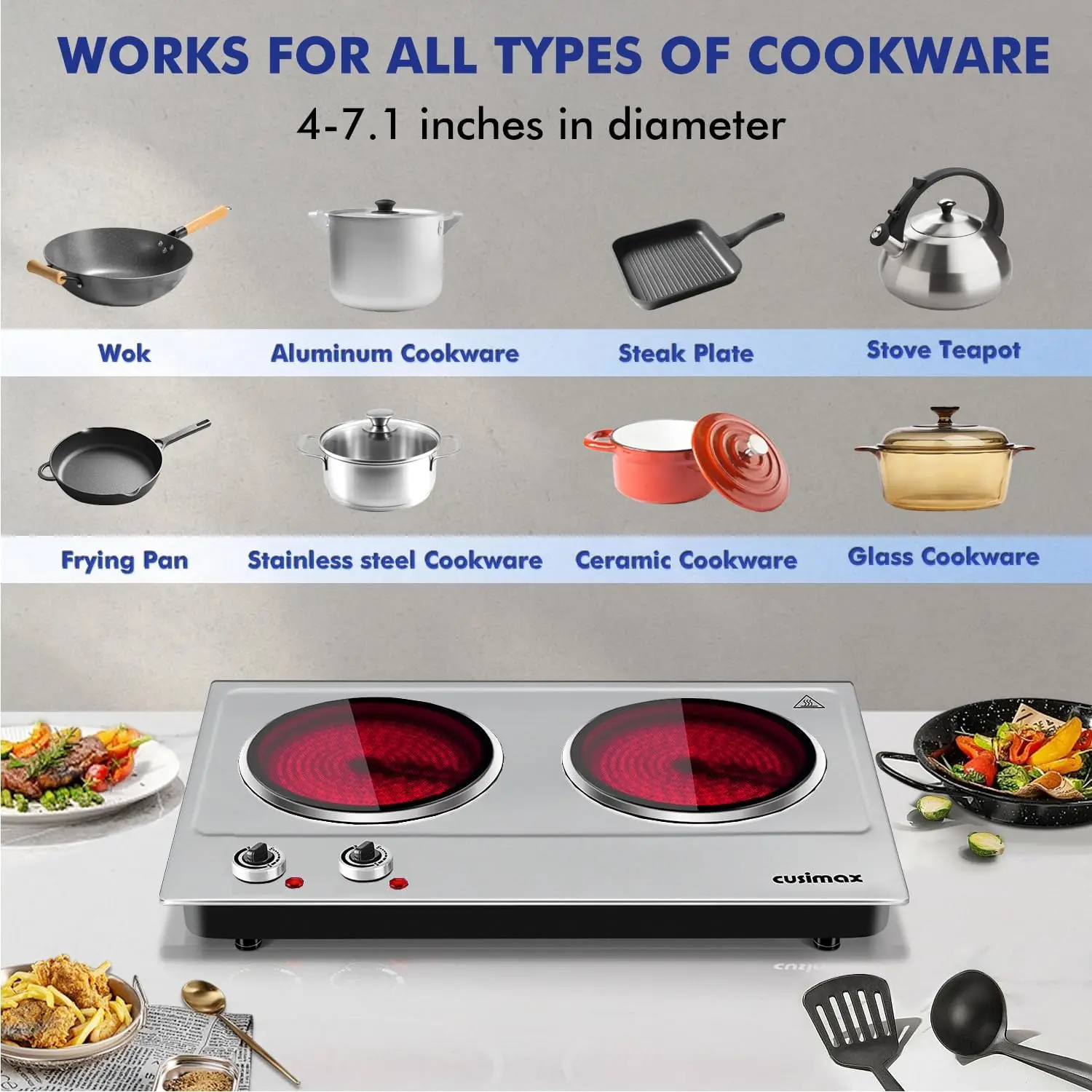 Cusimax dual infrared burner, electric ceramic glass stove, adjustable temperature control, compatible with all cookware 2