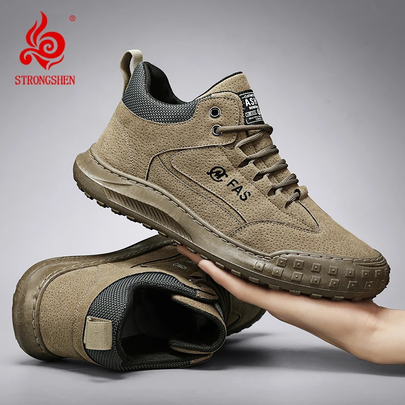 STRONGSHEN Men Leather Hiking Shoes Wear-resistant Outdoor Tyre Bottom Tooling Shoes Lace-Up Climbing Trekking Hunting Sneakers