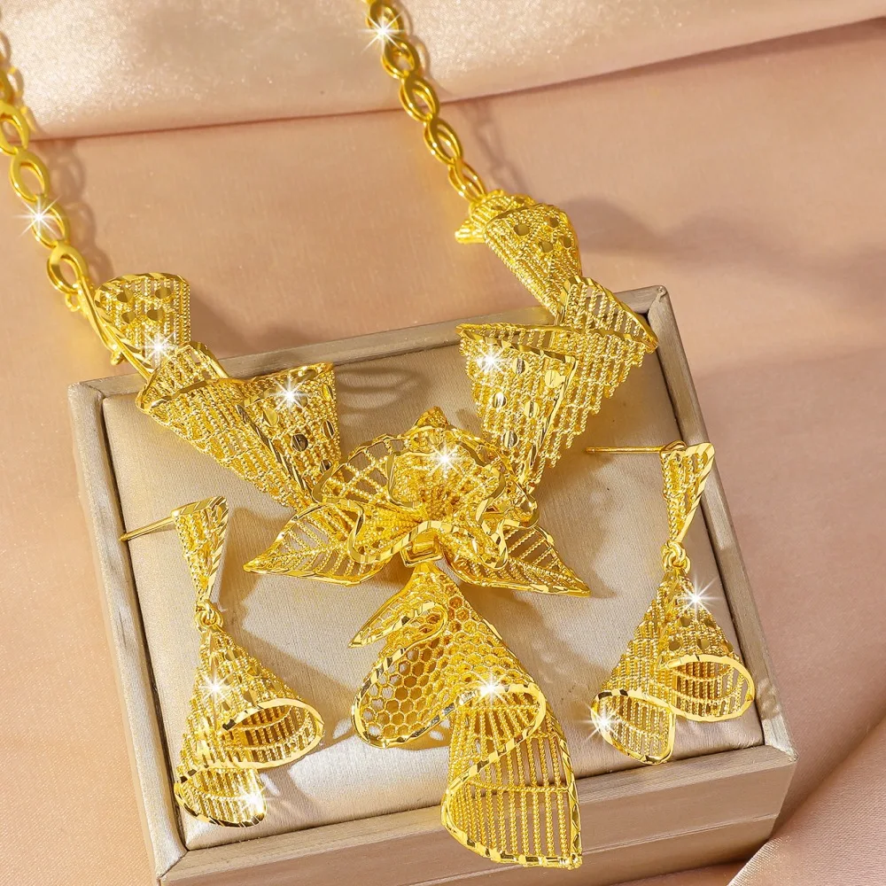 Middle East Cross-border Bride Unique Flowers 24K 9999 Real Gold Necklace Women's Earring Set Light Luxury Wedding Set Chain