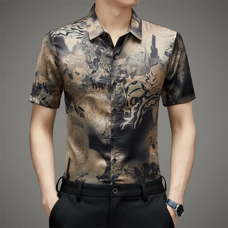 

Chemise Homme Vintage Shirts For Men Short Sleeve 3D Print Silky Summer Quality Soft Comfortable Casual Luxury Camisas De Hombre