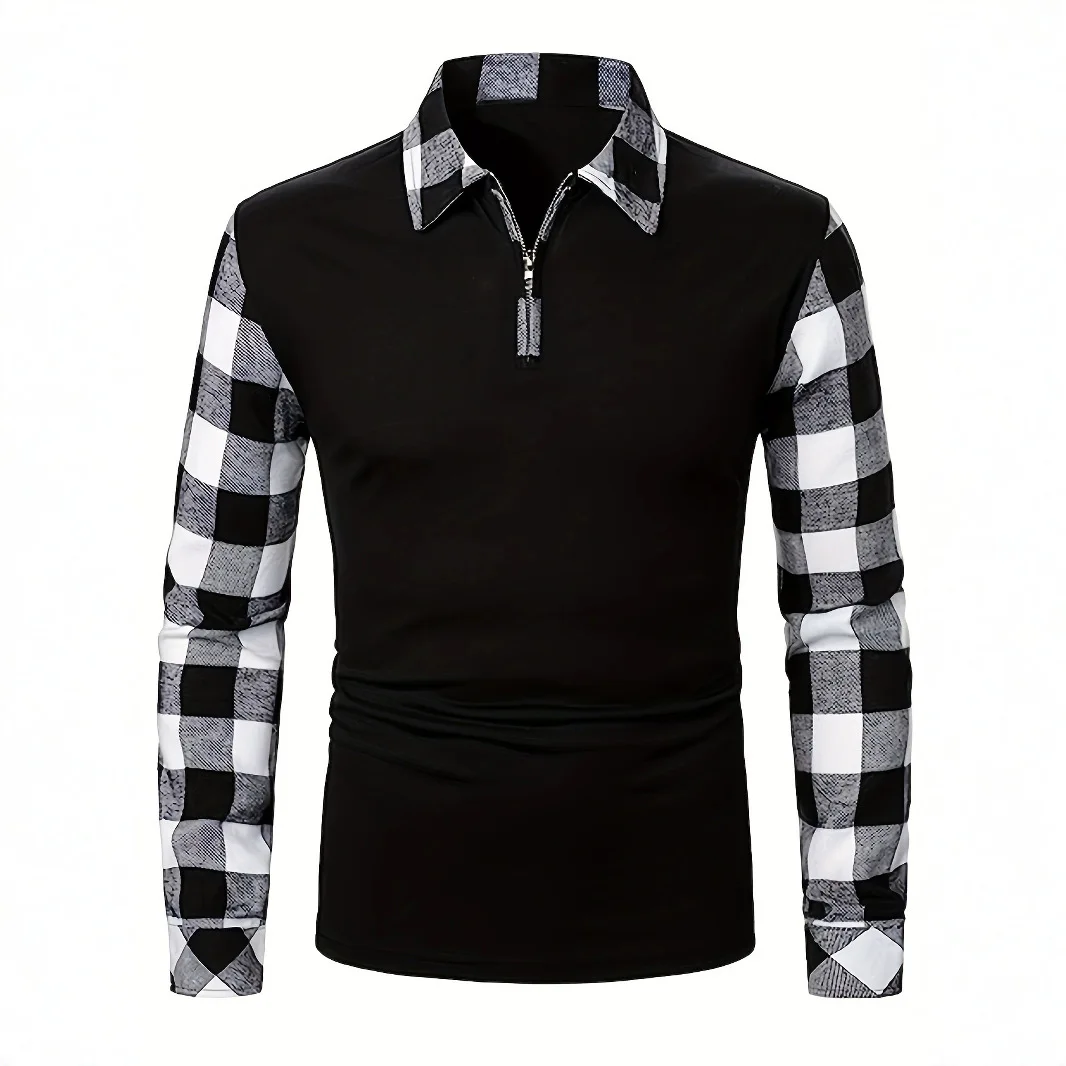 Vendita calda EU US Camicia da uomo in flanella a maniche lunghe Colletto polo Mezza zip Pullover Plaid Streetwear Casual Top - immagine 2