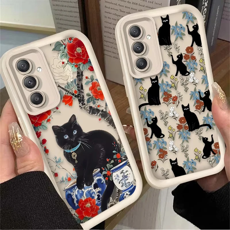 Artistic Black Cat Flower Design Phone Case