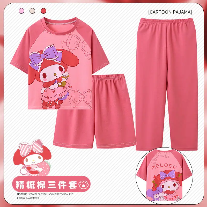 

Sanrioed Kuromi New Pattern Summer Girls Cotton Thin Short Sleeved Three Piece Suit Trousers Big Childrens Home Clothes Pajamas