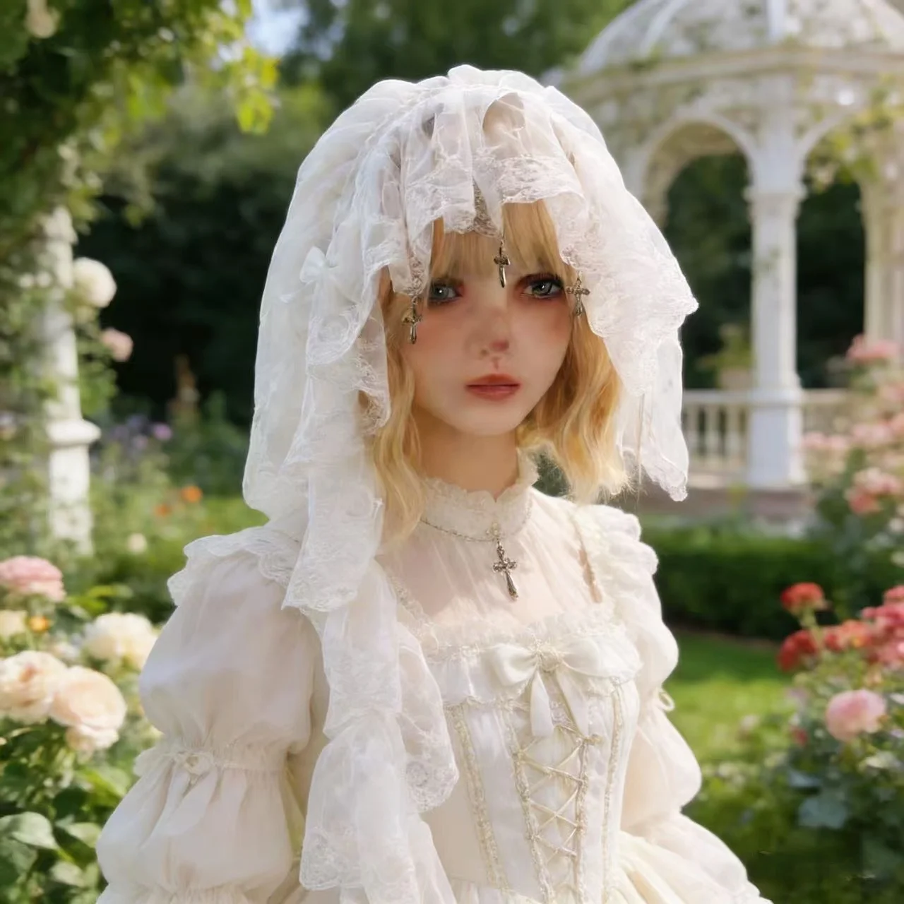 Original Lolita Brautschleier Vielseitiges Stirnband Gotischer Dunkler Spitzen-Engelskopfschmuck Lolita Cosplay Gerüschtes Haaraccessoire – Detail 6