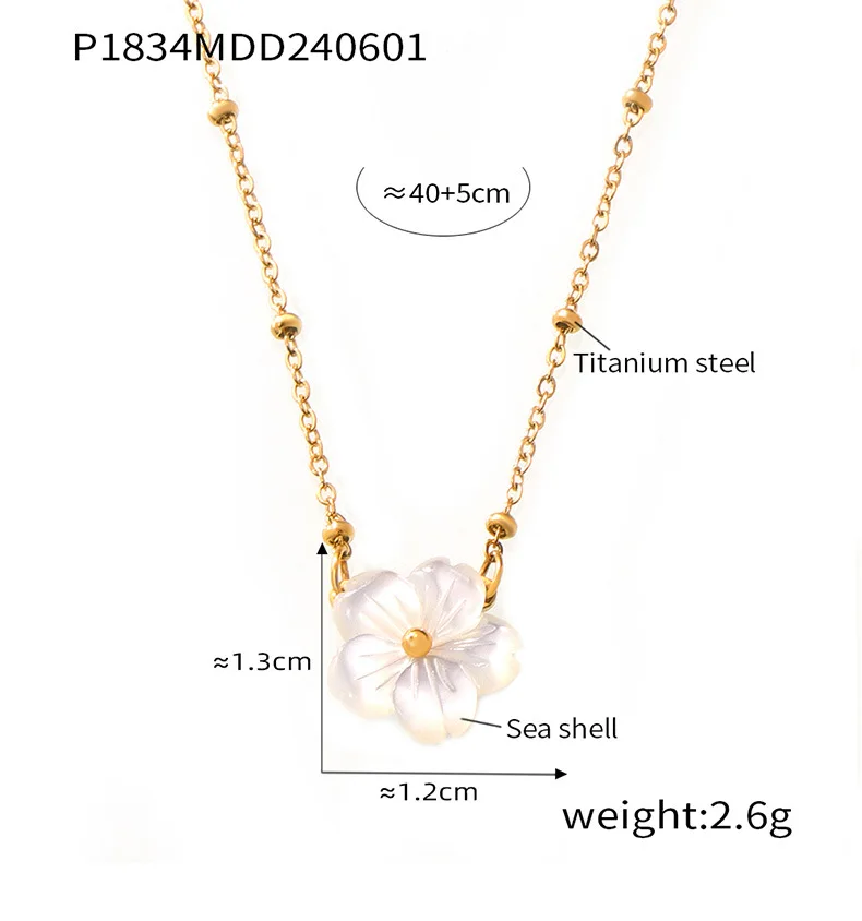 Weiße Muschel-Blumen-förmige Anhänger-Halskette für Damen, Edelstahl, vergoldete Kette, elegante Halskette, Sommerschmuck, Geschenk – Detail 2