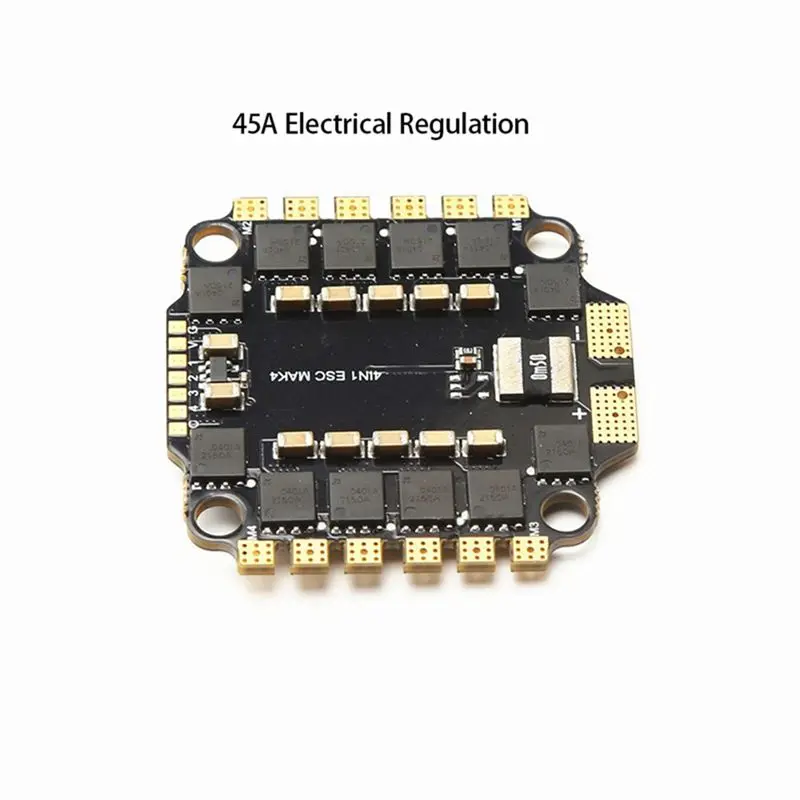 Vue de dessus de l'ESC 4-en-1 45A/60A BLHeli_S DShot600, câbles de batterie et de moteur connectés.