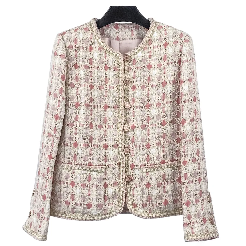 2023 Spring Fashion Women's High Quality Sweet Pink Plaid O-neck Tweed Jackets Coat B882 earrings gradient glitter plaid water drop earrings in pink size one size