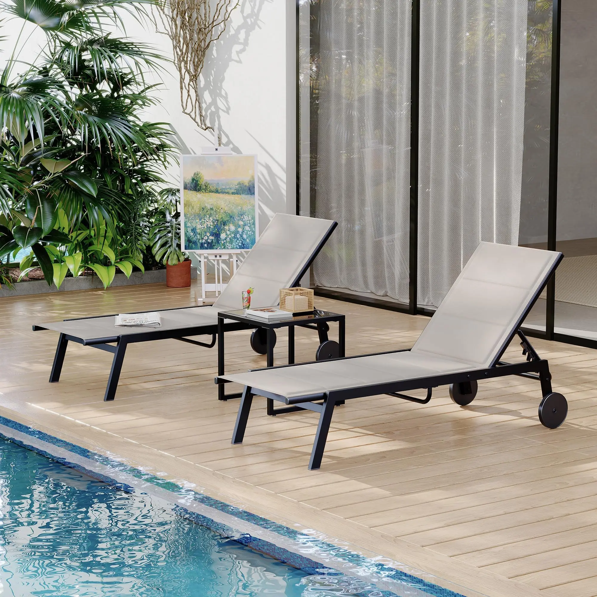 atio Textile Chaiselongue-Stühle mit Beistelltisch, 3er-Set Outdoor-Chaiselongue-Set mit Rollen, 5-stufige Rückenlehne, Poolliege – Detail 10