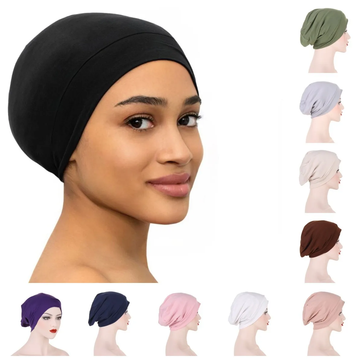 

Ramadan Lining Satin Muslim Hijab Caps Women's Headscarf Hat Chemo Hats Hair Care Soft Elastic Solid Color Turban Bonnet