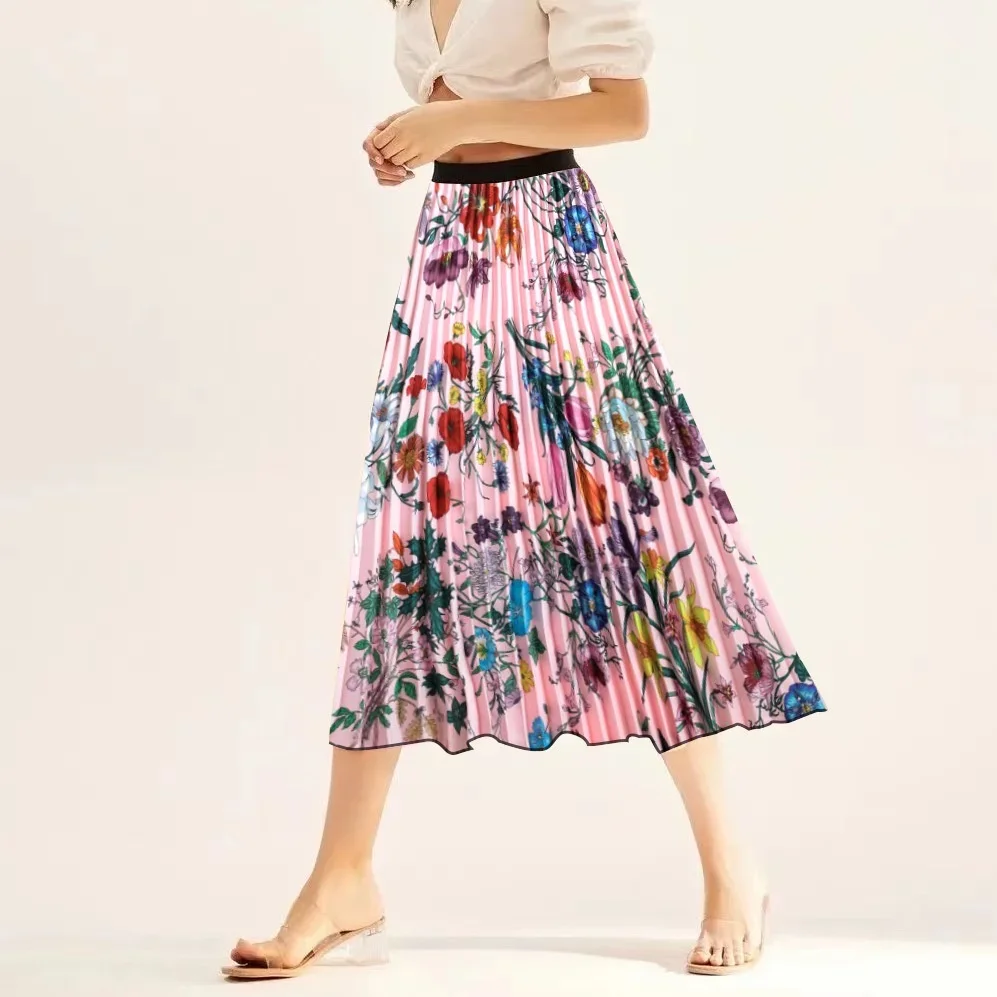 

Fashionable Pleated Maxi Skirt, Digital Printed Women's Skirt