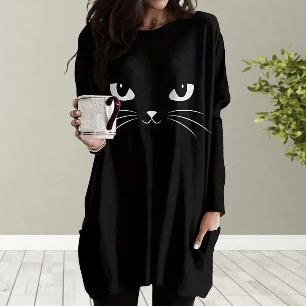 

Женское платье-свитшот с принтом котенка, свободное дышащее платье средней длины с карманами, для осени и весны