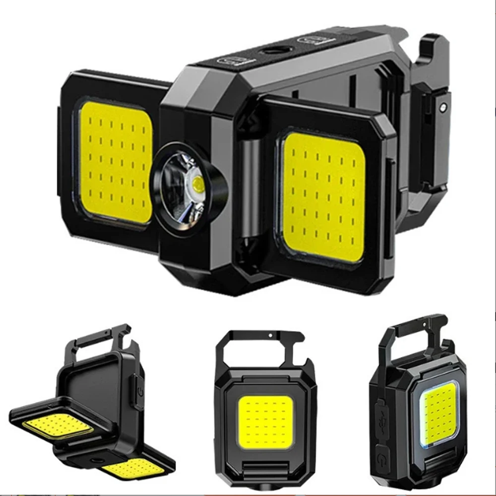 Mini Flashlight Keychain Light COB Work Light USB Rechargeable Lamp with 90&deg; Foldable Side Lights Super Bright Portable Lanterns