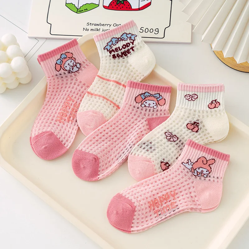 

5Pcs Summer My Melody Childre Socks Kawaii Sanrioed Anime Kuromi Pink Cat Kulomi Purple Summer Kids Socks Trend Gift for Girls