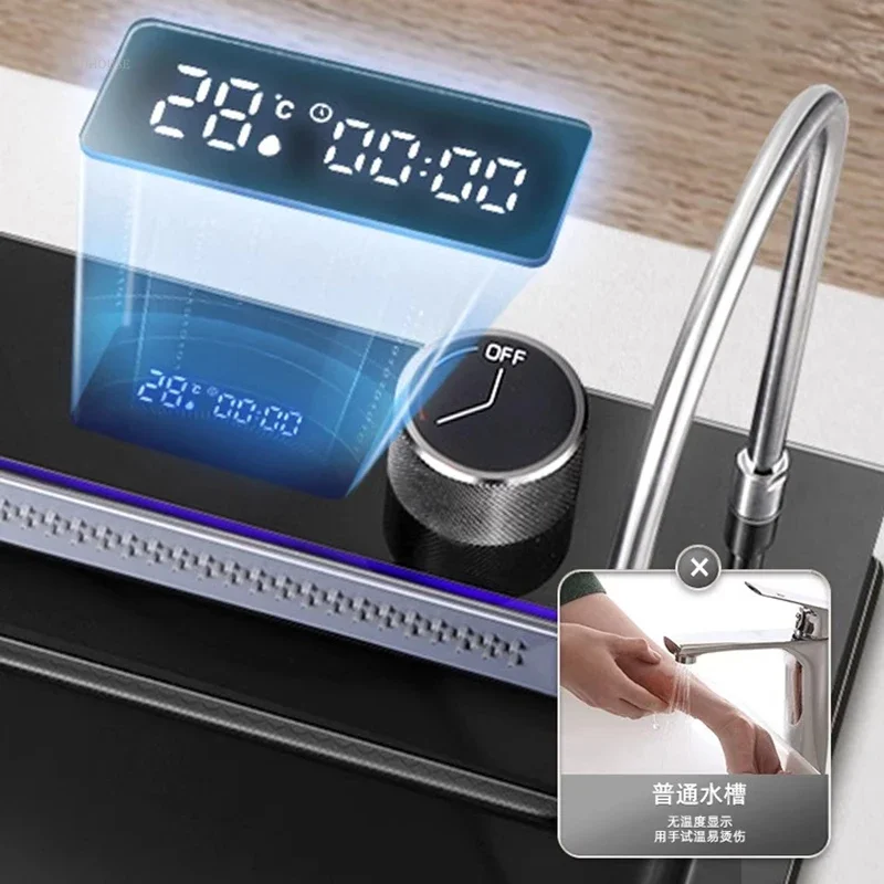 Raindance Waterfall Kitchen Sinks Nano Stainless Steel 304 Home Kitchen Wash Basin Digital Display Embossed Large Single Slot B