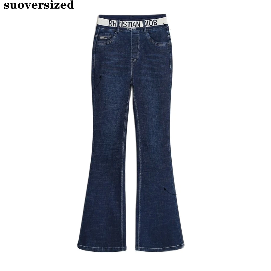 

Elastic High Waist Patchwork Flare Jeans Vintage Trousers Women Office Skinny Denim Pants Elegant Vaqueros Korean Pantalones New