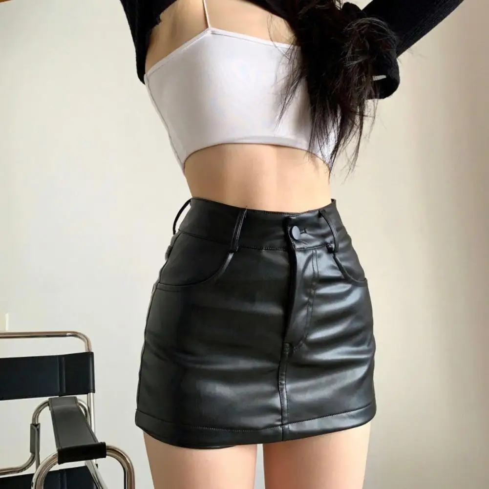

Versatile Women Skirt Stylish Women's High Waist Faux Leather Mini Skirt with Pockets Chic Button Zipper Fly Solid Color for A