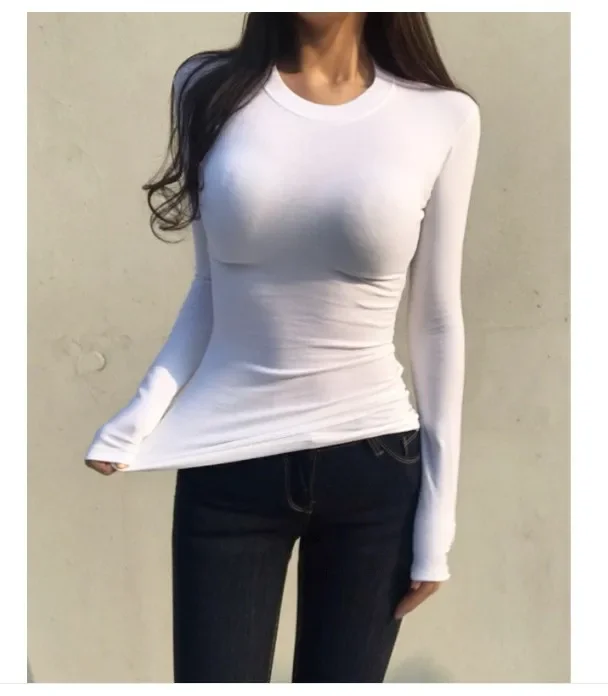 Durchsichtig Sexy Shirt Frauen T-Shirt Langarm Koreanischen Stil Schlank Grundlegende Elastizität T-shirt Top Frauen Kleidung T Shirt Femme – Detail 20
