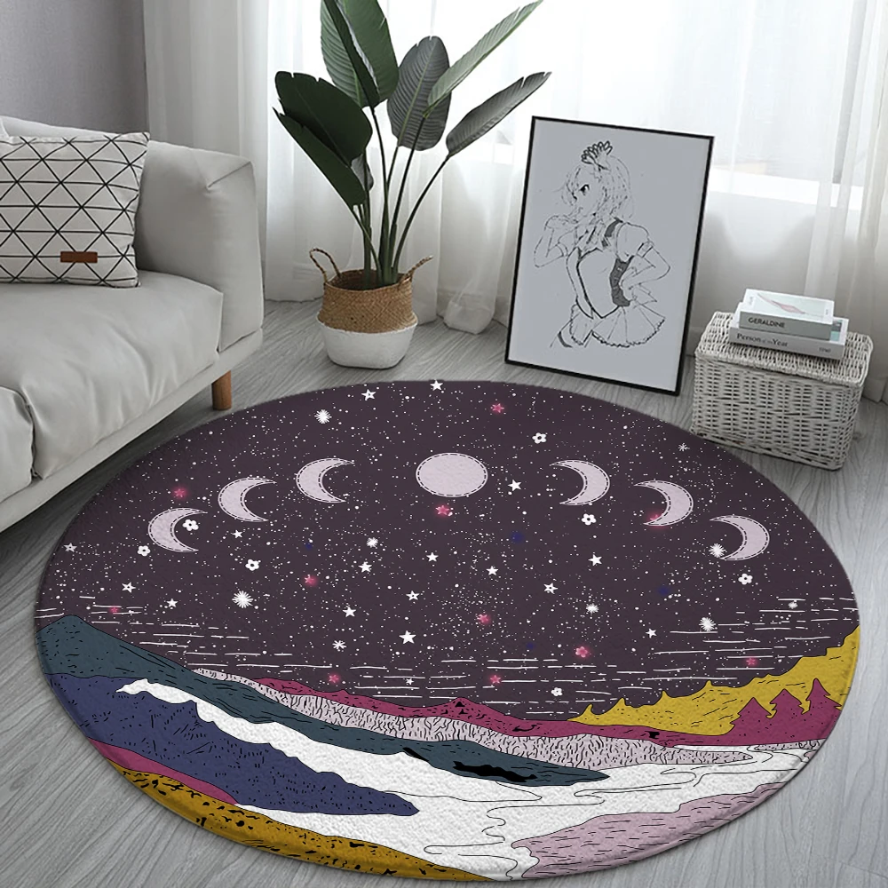 

INS Style Round Rugs Mountain Cactus Landscape Sofa Rug Sun Home Living Room Bedroom Bathroom Floor Mats Print Decorate Carpet
