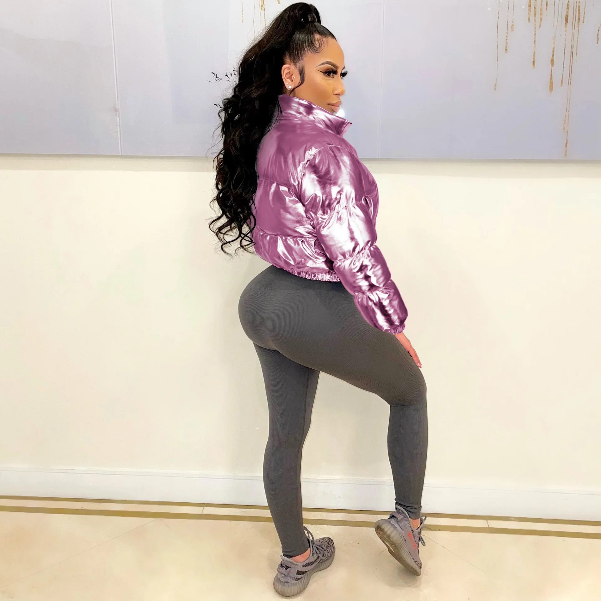 Winter Women Color Glossy Zipper Fly Parkas Puffer Jackets Streetwear Full Sleeve Thick  Down Coats Bright Keep Warm Outcoat