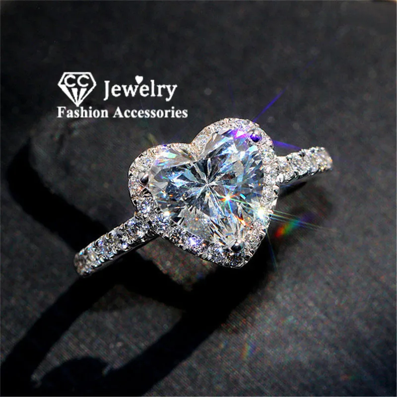 CC Heart Rings for Women Silver Color Wedding Engagement Bridal Jewelry Cubic Zirconia Stone Elegant Ring Accessories CC829