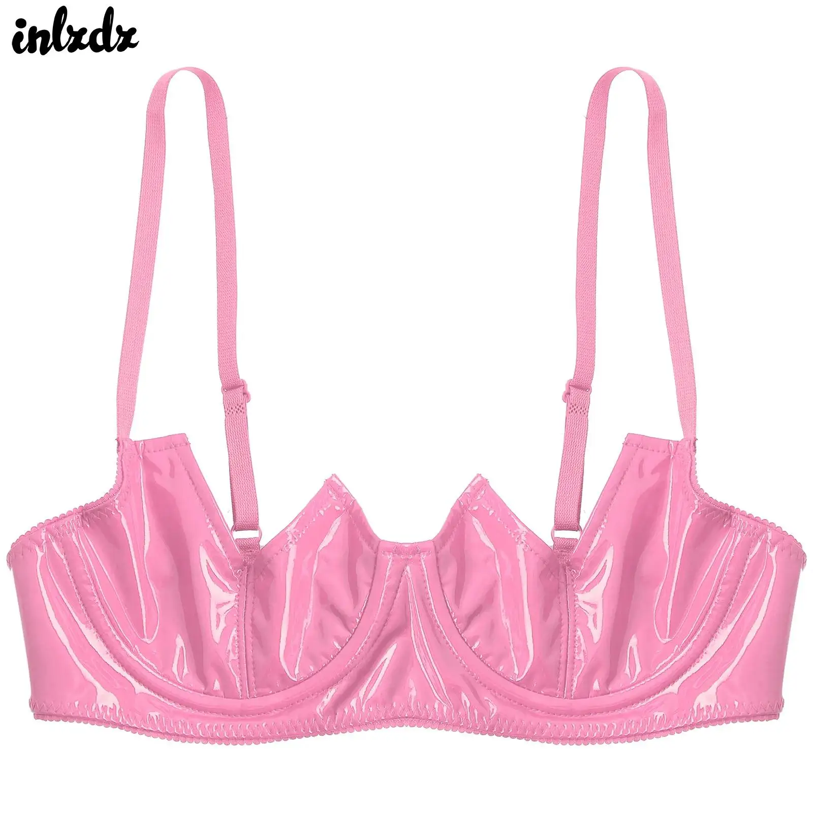 Womens Sexy Gothic Wet Look Patent Leather Bralette Lace Quarter Cup Underwired Shelf Bras Tops Push Up Sheer Floral Balconette