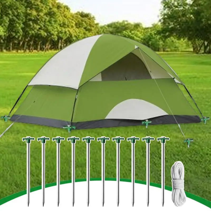 Tent Stake For Outside 10-piece Heavy Duty T-Shaped Pegs With 4 Ropes For Campsite 10.25-Inch Ground Spikes Camping Backyard