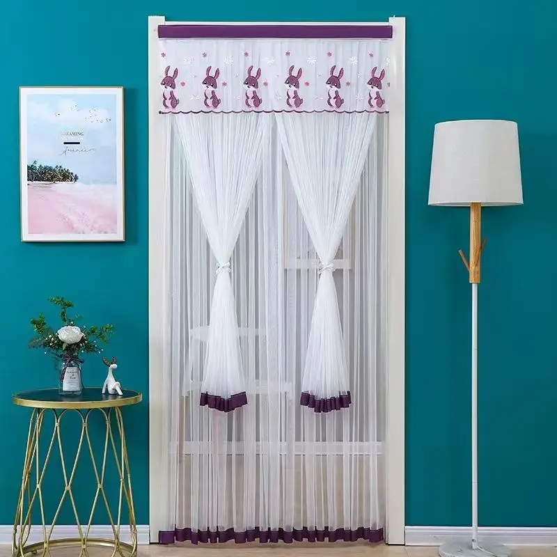Lace Embroidered Door Curtain, Punch-free Mosquito Screen Curtain, Breathable Bedroom Partition Curtain, Double Layer