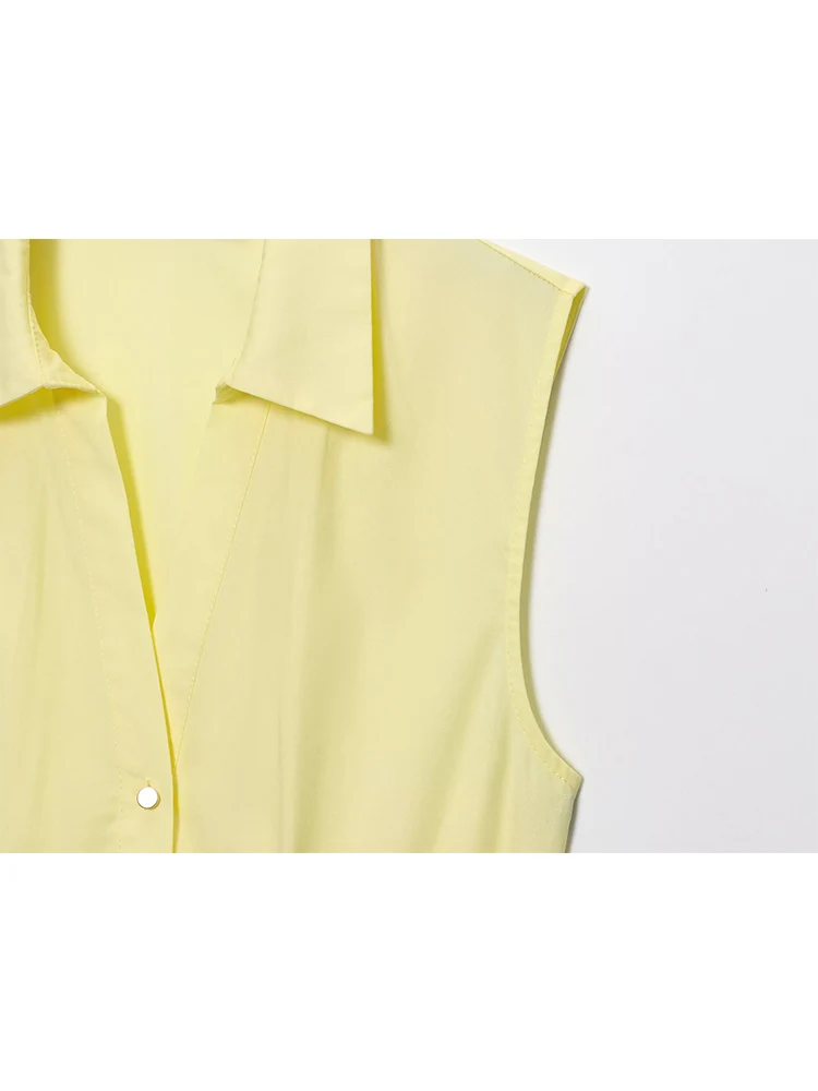 TFMLN Women Fashion Lapel Shirt Dress With Belt Casual Sleeveless Single-Breasted Elegant Midi Dress Female Commuting Outfit