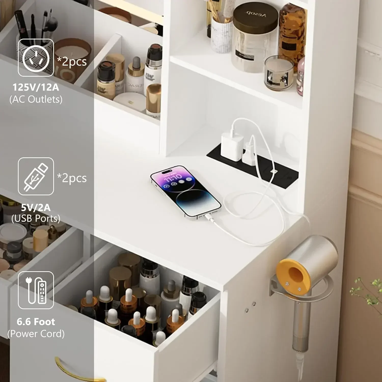 47" Large Vanity Desk with Mirror and Lights, LED White Vanity Set with Stool and Power Outlet, Lighted Make up Vanity Desk